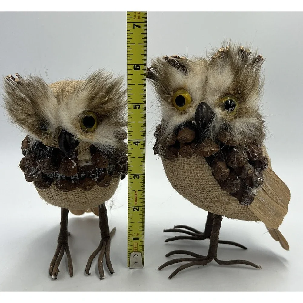 Pair of Pier 1 Owls Pinecones Sticks Twigs Feathers Figures Decor 6